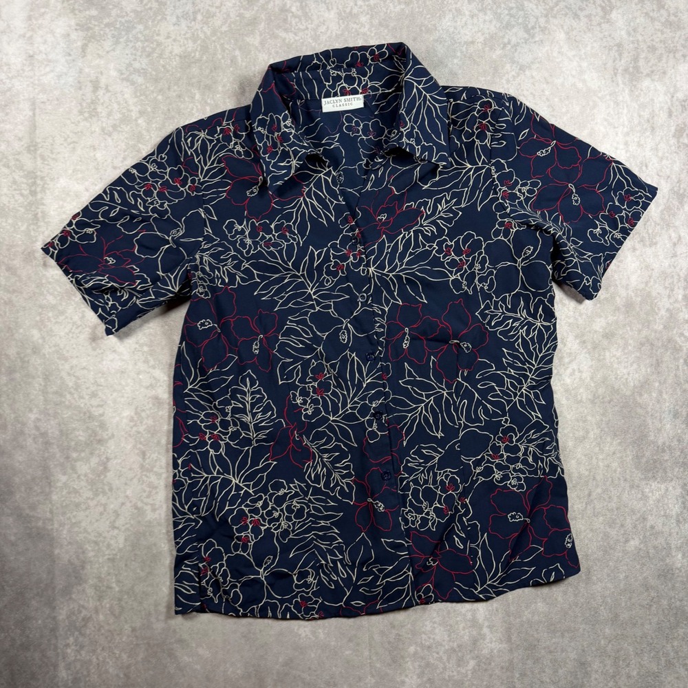 Jaclyn Smith Navy Blue Floral Hibiscus Button Up Top Womens S Hawaiian Resort